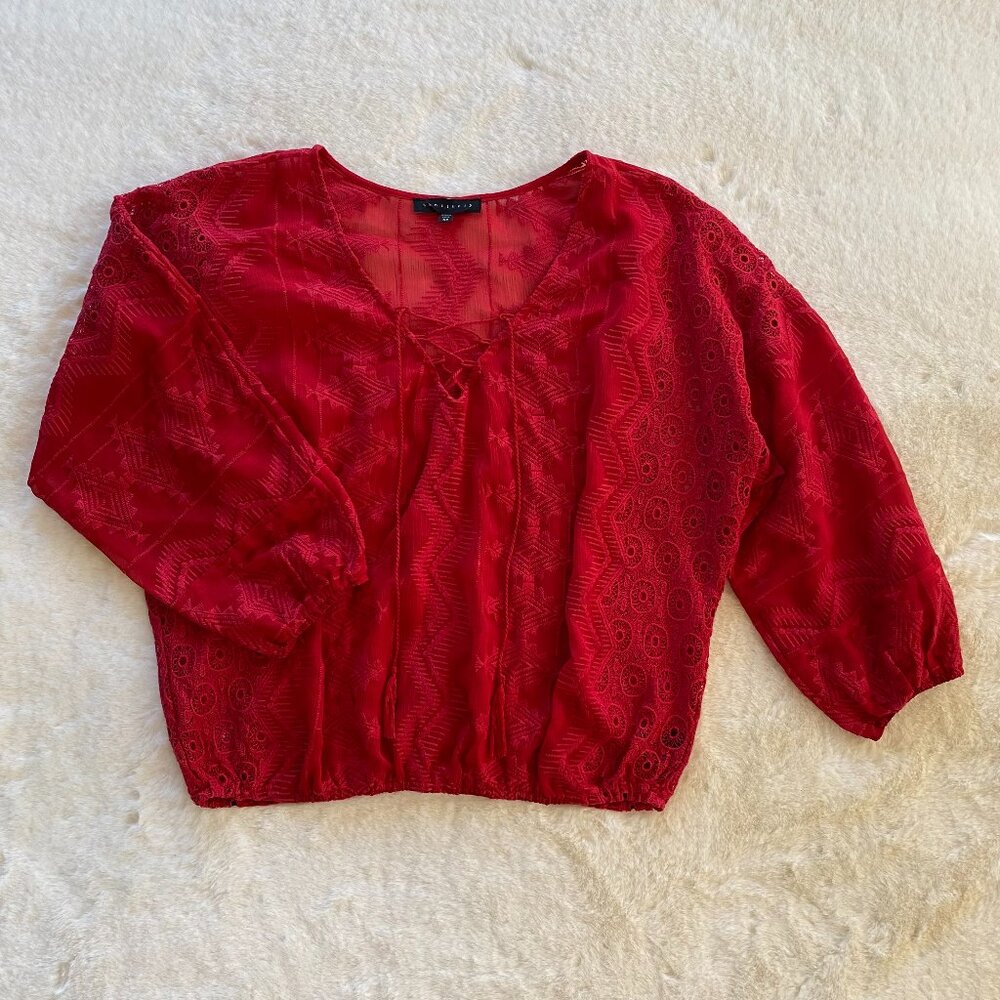 Sanctuary Boho Red Top size Small Relaxed Fit, Sheer, Crochet